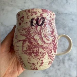 Anthropologie Homegrown Mug Monogram Letter W Floral Rose Tea Cup